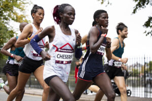 01.10.23 - Principality Building Society Cardiff Half Marathon 2023 - Roath Park and Lake - Eventual winner of the women's race Mestawut Fikir (far left), Beatrice Cheserek and Viola Chepngeno