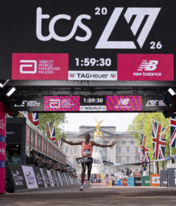 Sabastian Sawe (KEN) celebrates as he crosses the finish line to win the Elite Men Race and break the Marathon World Record in under two hours with an official time of 01:59:30 during the TCS London Marathon on Sunday 26th April 2026.


Photo: Shaun Brooks for London Marathon Events

For further information: media@londonmarathonevents.co.uk